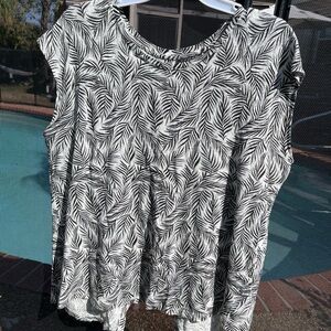 Tahari 100% Linen Black White Palm Leaf Print Cap Sleeve Top Womens XL